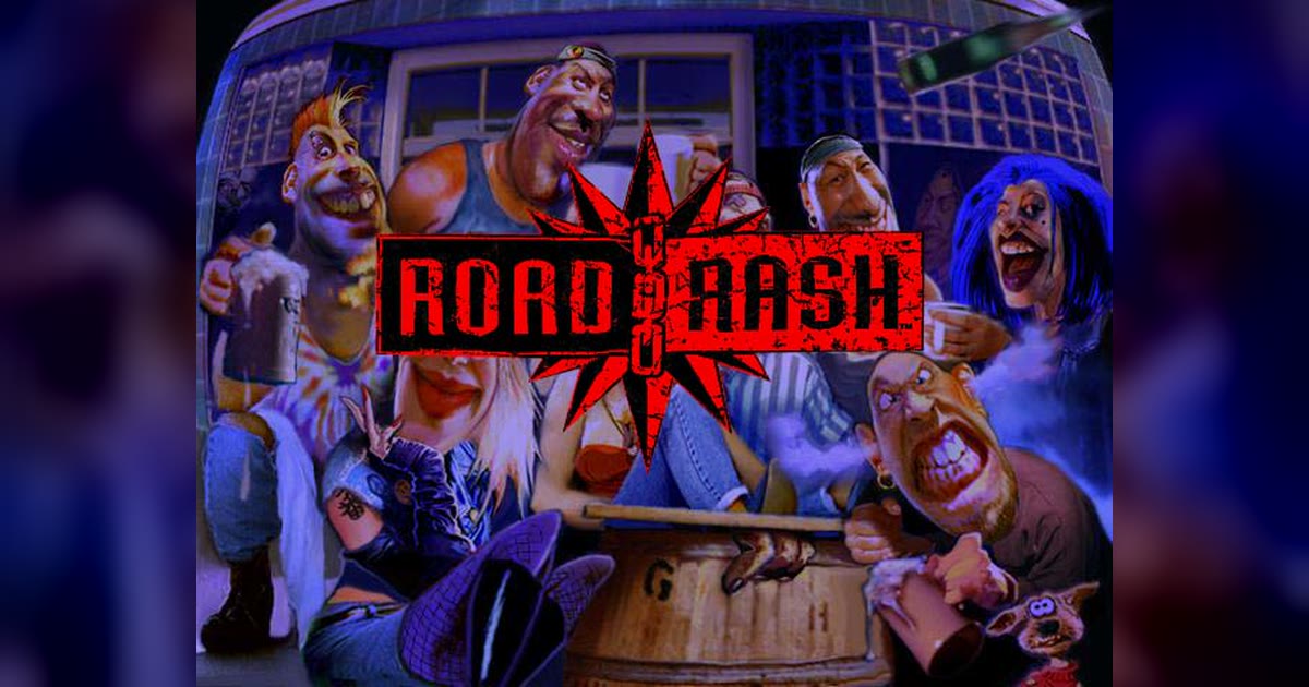 Road Rash title art: the biker gang gathered around the Road Rash logo
